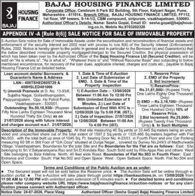 Sale Notice for Sale of Immovable Property by Bajaj Housing Finance