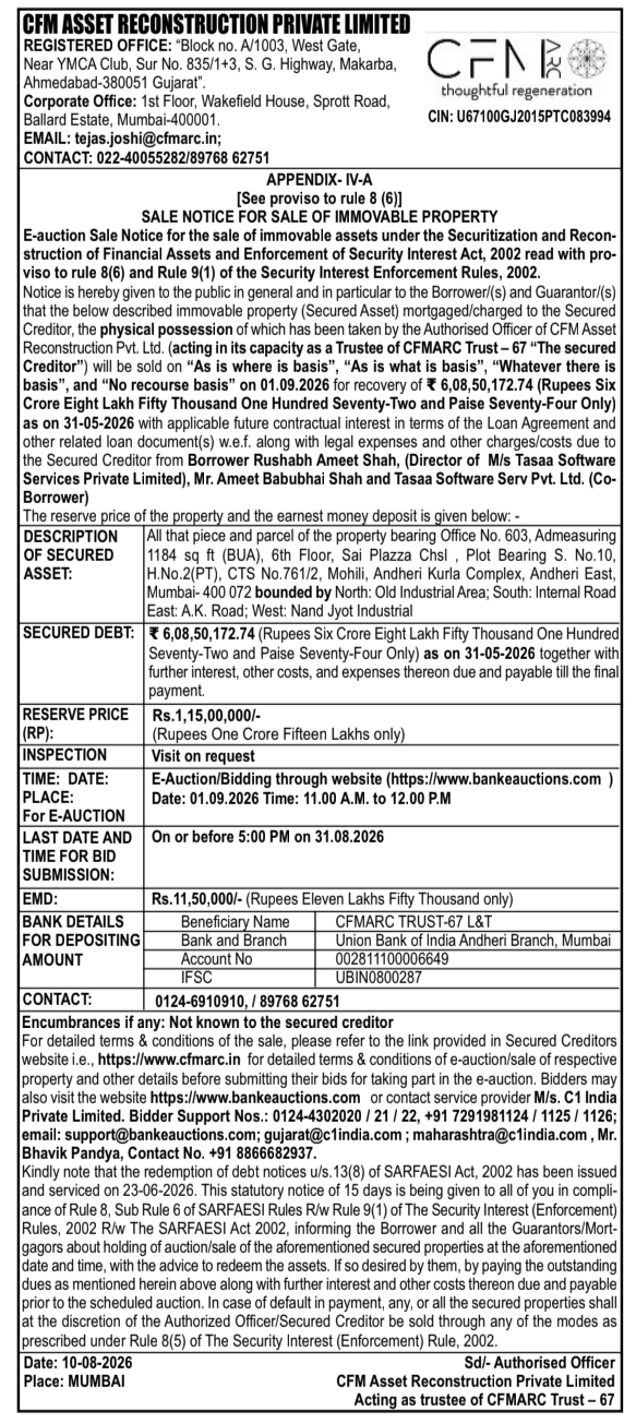Sale Notice for Sale of Immovable Property by CFM Asset Reconstruction Private Limited