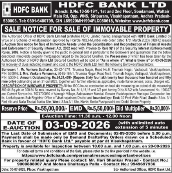 Sale Notice for Sale of Immovable Property by HDFC Bank