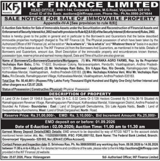 Sale Notice for Sale of Immovable Property by IKF Finance
