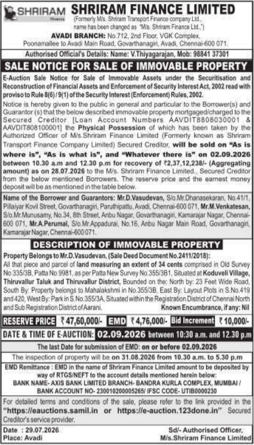 Sale Notice for Sale of Immovable Property by Shriram Finance Limited