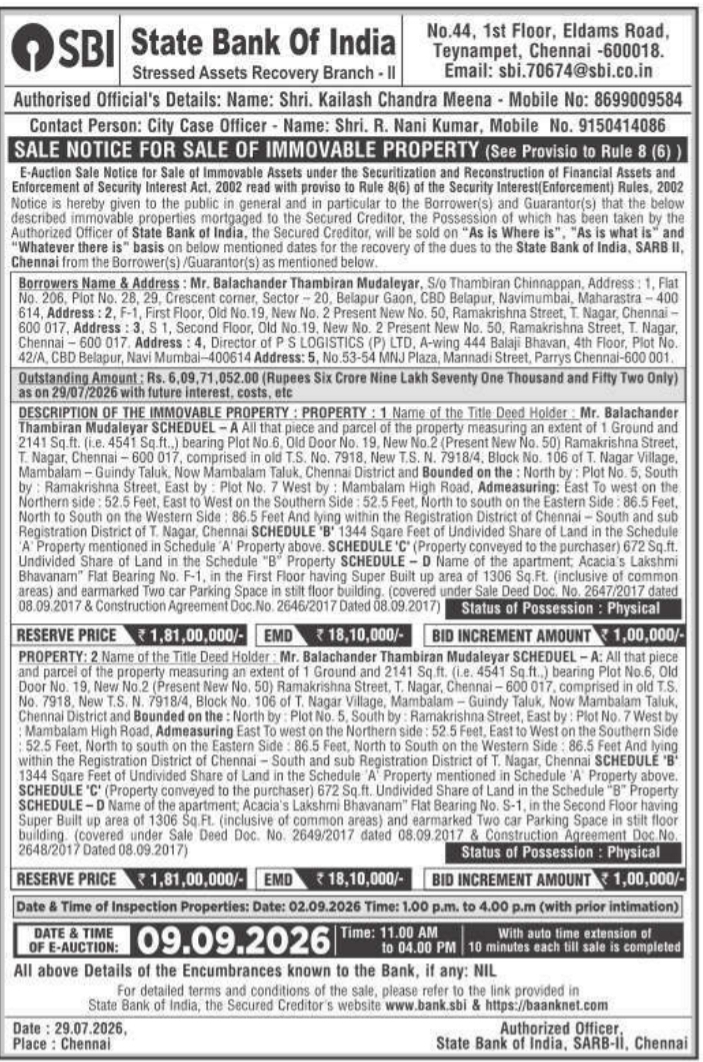 Sale Notice for Sale of Immovable Property by State Bank of India