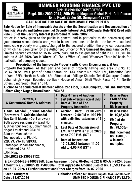 Sale Notice: Immovable Asset Auction Work Ummeed Housing Finance Private Limited, Rudrapur