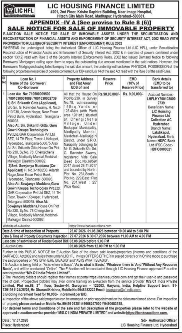 Sale Notice: LIC HFL Immovable Property E-Auction