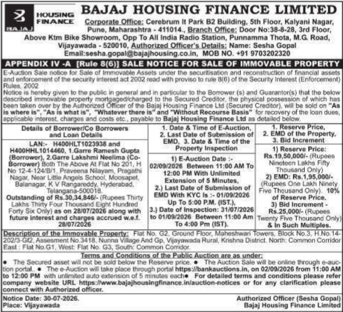 Sale Notice of Immovable Property by Bajaj Housing Finance