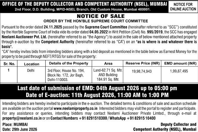 Sale Notice: Online E-Auction of Property in Delhi by Competent Authority (NSEL)