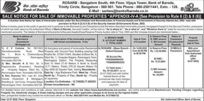 Sale Notice: Sale of Immovable Properties