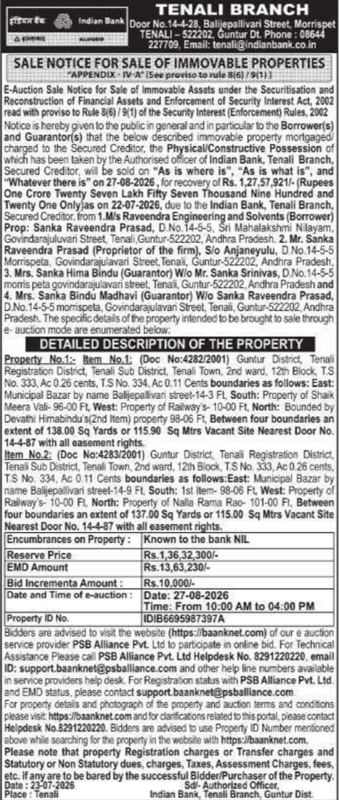 Sale Notice: Sale of Immovable Properties