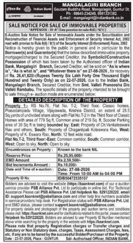 Sale Notice: Sale of Immovable Properties