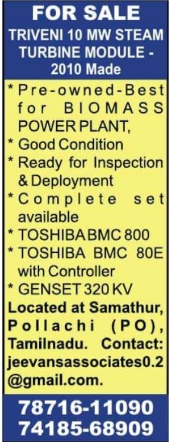 Sale Notice: Triveni 10 MW Steam Turbine Pollachi