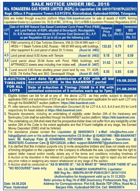 Sale Notice Under IBC, 2016 for Asset Liquidation
