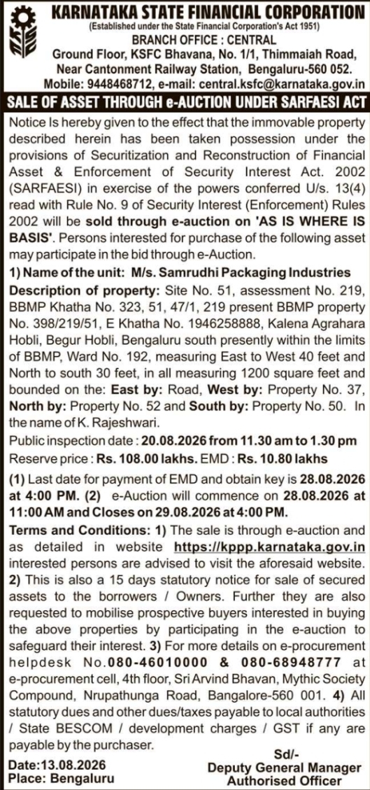 Sale of Immovable Asset via E-Auction under SARFAESI Act by KSFC Bengaluru