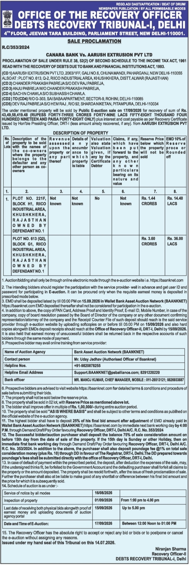 Sale Proclamation: Debts Recovery Tribunal Recovery Auction