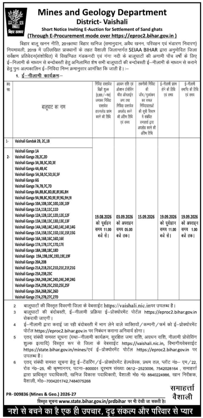 Sand Ghat Settlement E-Auction Notice by Mines and Geology Department, Vaishali