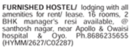 Santhosh Nagar Furnished Hostel/Lodging for Rent or Lease