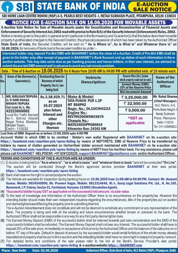 SBI: E-Auction Notice for Tata Punch