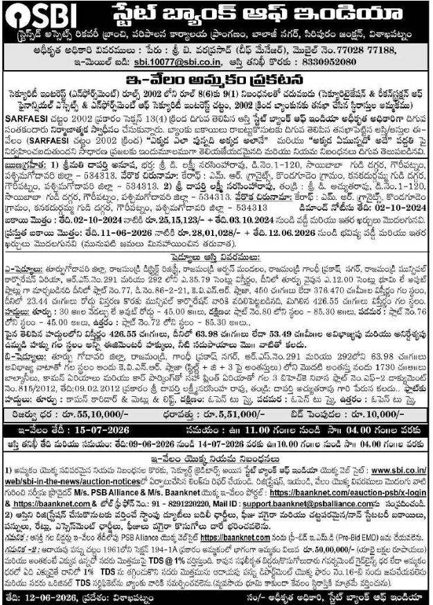 SBI Visakhapatnam Commercial & Residential Property E-Auction Notice