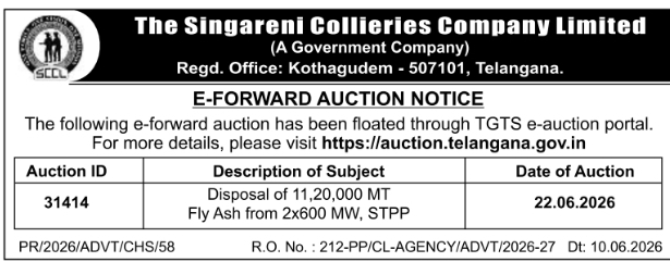 SCCL Fly Ash Disposal E-Forward Auction Notice