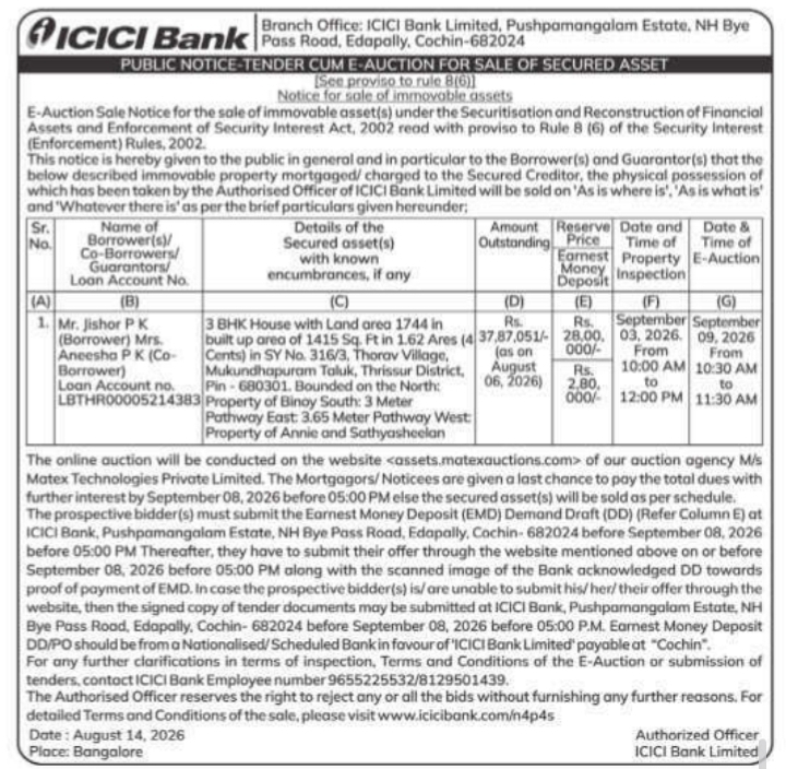 Secured Asset Tender Cum E-Auction Notice by ICICI Bank