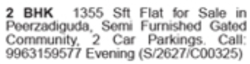 Semi-Furnished 2 BHK Flat for Sale: Peerzadiguda