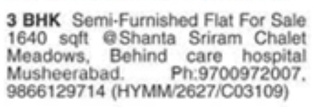Semi-Furnished 3 BHK Flat for Sale: Musheerabad, Hyderabad