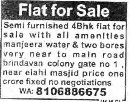 Semi Furnished 4 BHK Flat for Sale: Brindavan Colony, Hyderabad