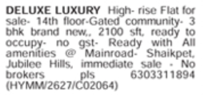 Shaikpet Deluxe Luxury Flat for Sale