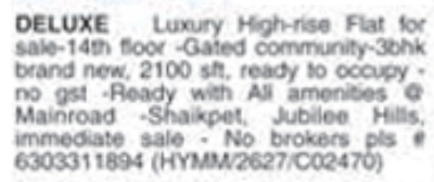 Shaikpet Deluxe Luxury High-rise Flat for Sale