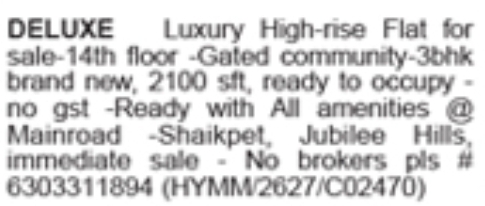 Shaikpet Jubilee Hills 3BHK Luxury Flat For Sale