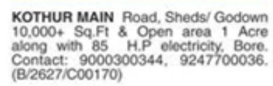 Sheds and Godown for Rent Kothur Main Road