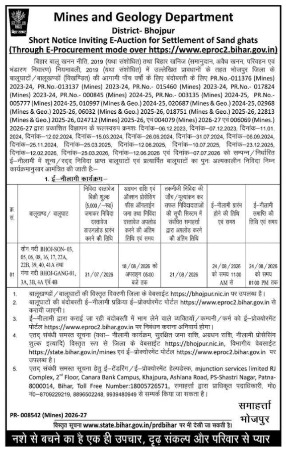 Short Notice Inviting E-Auction: Settlement of Sand Ghats