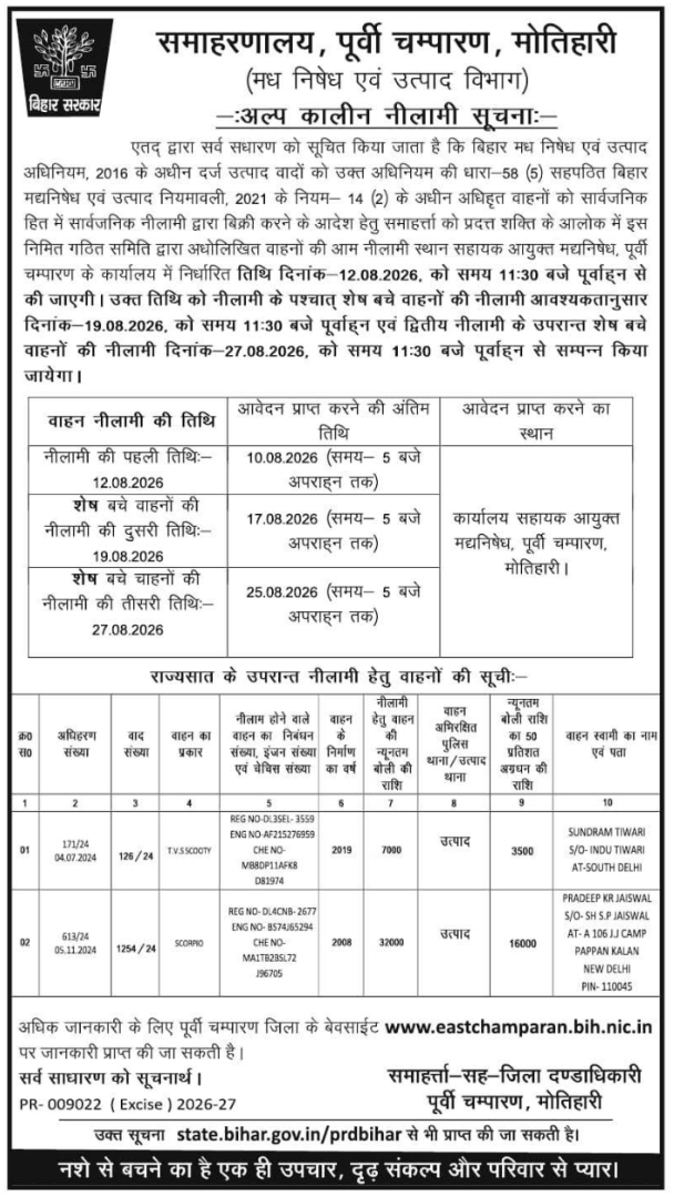 Short Term Public Auction Notice for Confiscated Vehicles by District Magistrate Motihari