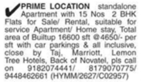 Standalone Apartment for Sale/Rent: Prime Location, Hyderabad