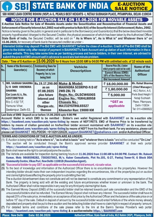 State Bank of India E-Auction Notice: Sale of Movable Asset (Mahindra Scorpio-N)