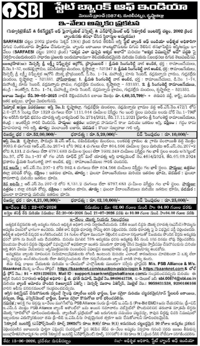 State Bank of India E-Auction Sale Notice