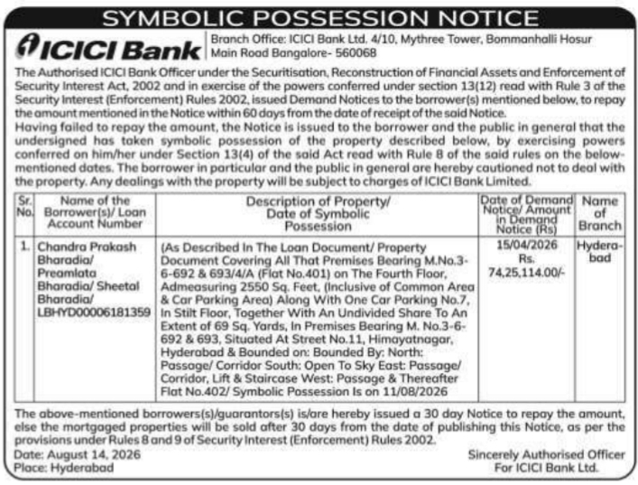 Symbolic Possession Notice for Residential Property by ICICI Bank