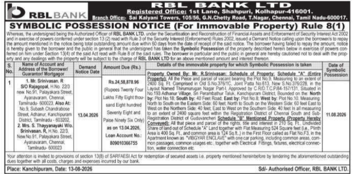 Symbolic Possession Notice for Vibgyar Enclave Apartment by RBL Bank Limited