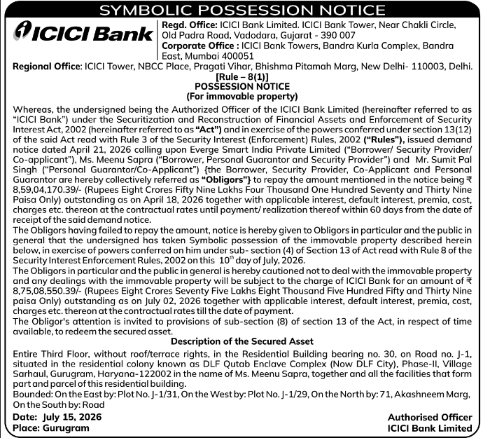 Symbolic Possession Notice: Immovable Property in Gurugram, Haryana