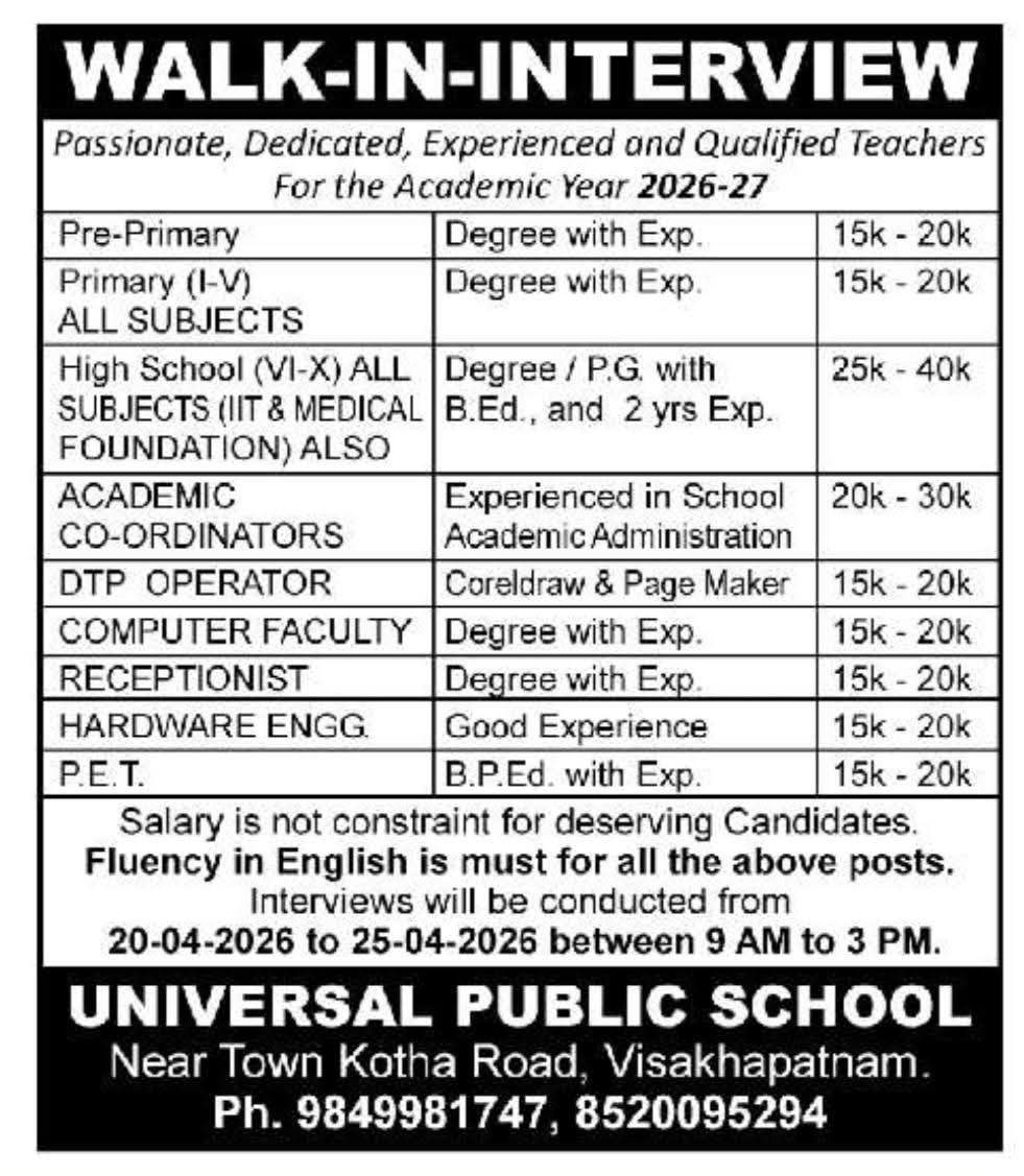 Teacher and Staff Recruitment 2026-27 At Universal Public School