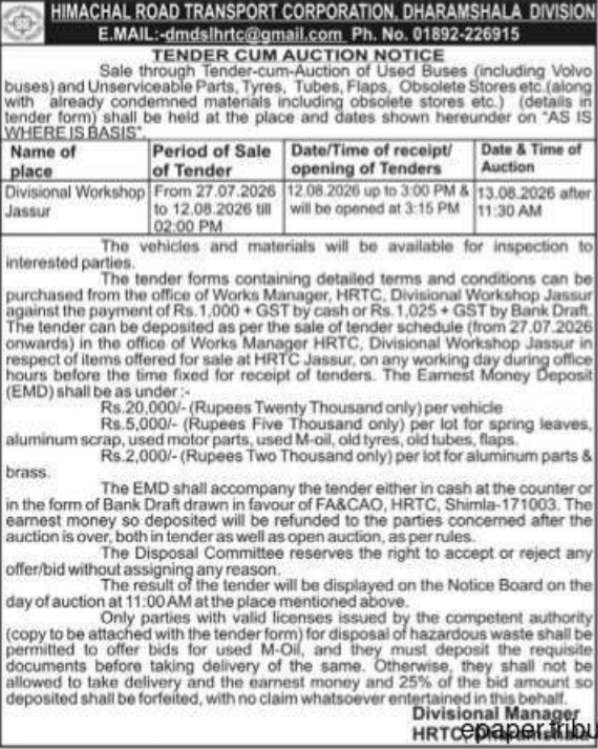 Tender-cum-Auction Notice: Disposal of Used Buses for HRTC, Dharamshala