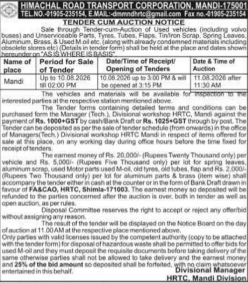 Tender Cum Auction Notice: Disposal of Used Vehicles and Scrap Materials