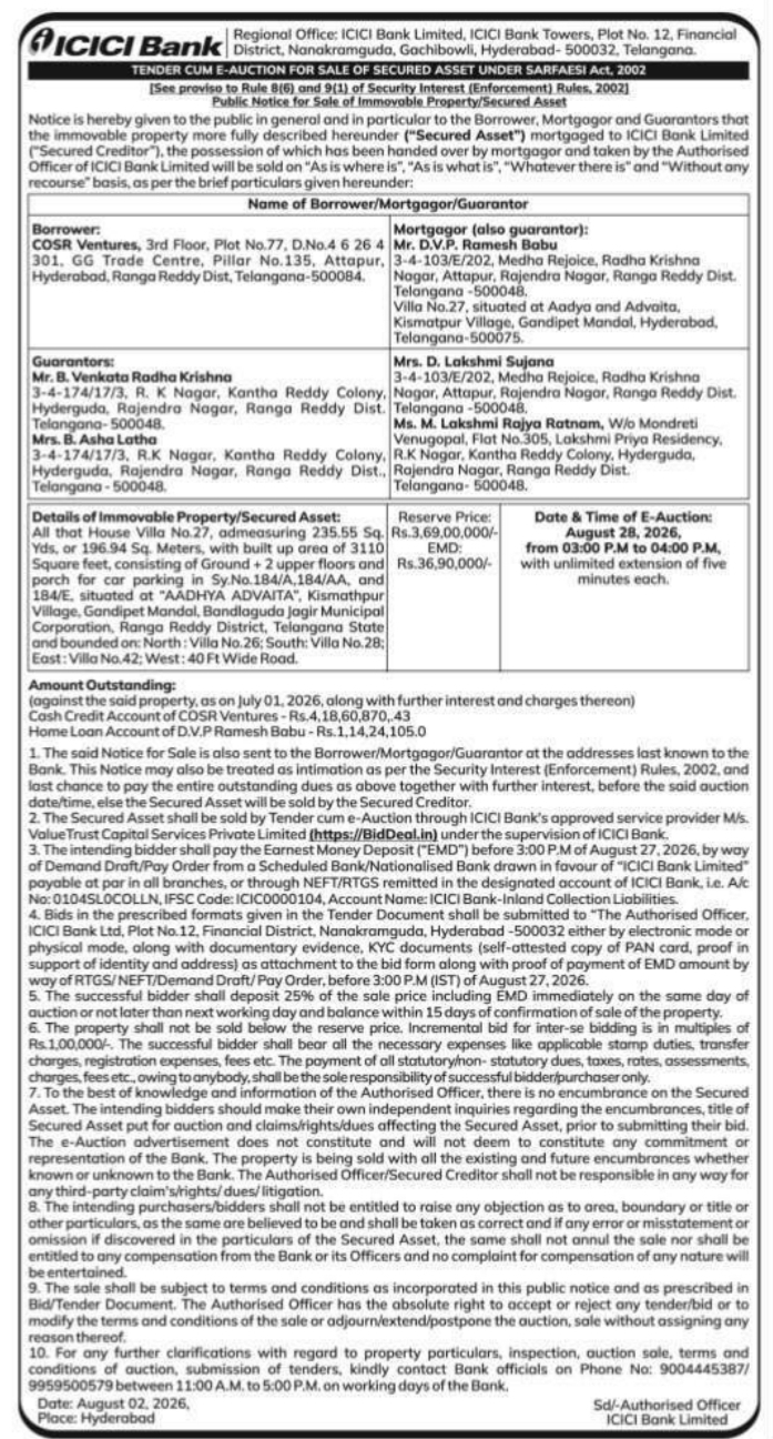 Tender Cum E-Auction for Sale of Secured Asset Under Sarfaesi Act, 2002