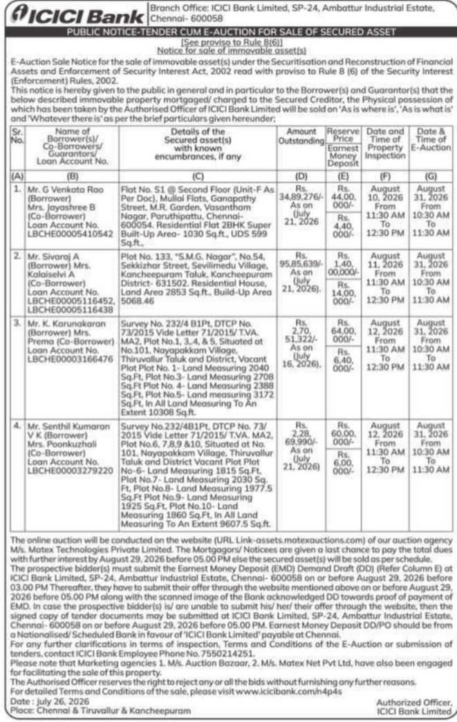 Tender Cum E-Auction Notice  for Sale of Secured Asset by ICICI Bank