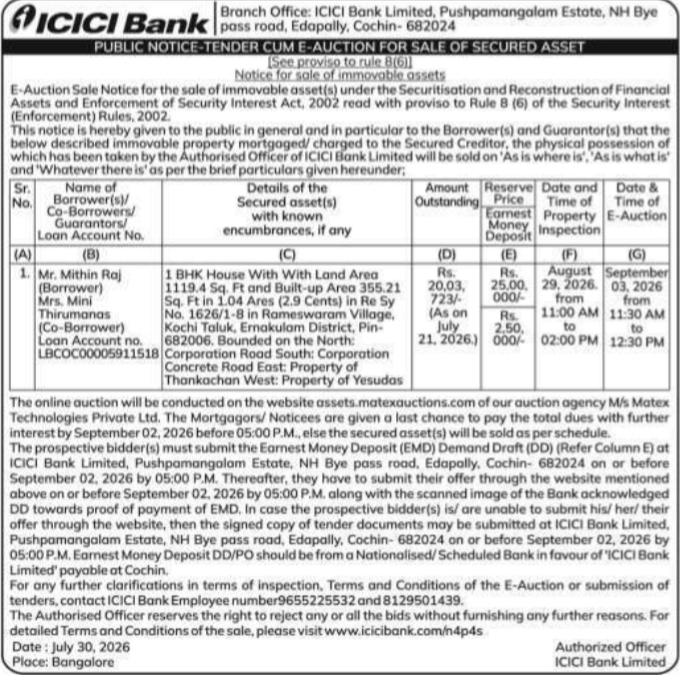 Tender Cum E-Auction Sale Notice by ICICI Bank