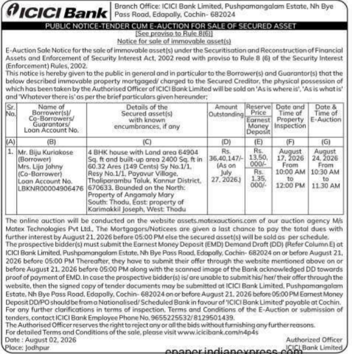Tender Cum E-Auction Sale Notice (ICICI Bank - Cochin)
