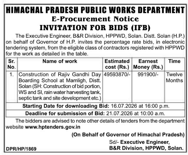Tender Notice: HPPWD Solan School Construction