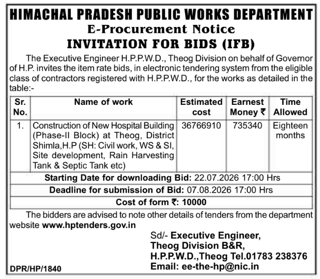 Tender Notice: HPPWD Theog Hospital Building Construction