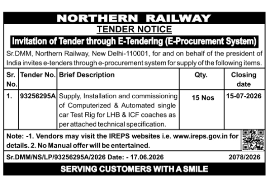Tender Notice: Test Rig Supply Northern Railway
