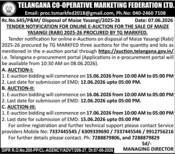 TG MARKFED: Maize Yasangi Rabi E-Auction Notice