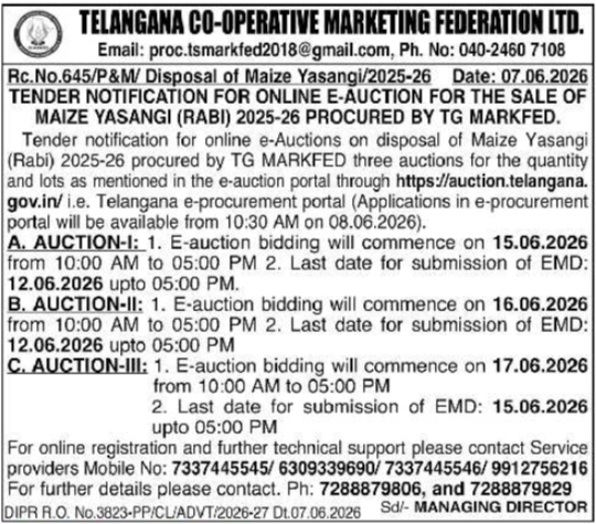 TG MARKFED: Maize Yasangi Rabi E-Auction Notice